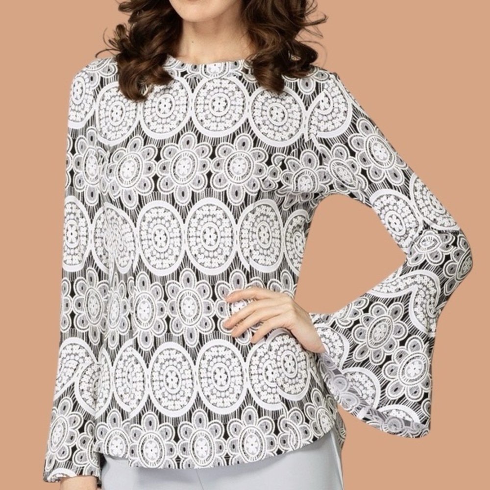Joseph Ribkoff Black & White Abstract Floral Print Long Sleeve Top Size 6